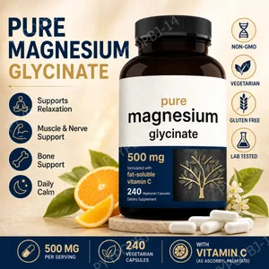 Reines Magnesiumglycinat, 500 mg Kapseln mit Vitamin C, unterstützt die Entspannung, Muskeln, Nerven, Gesundheit, Knochenunterstützung, 240 Kapseln
