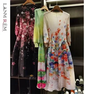 Primavera nova pintura a óleo impressão vestido ruched feminino praia férias platycodon vestido longo francês estilo fada