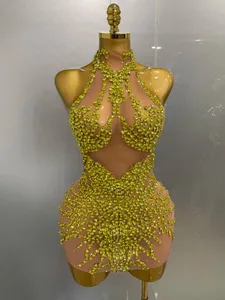 Funkelnde Strasssteine ​​Sexy Mesh Durchsichtiges Kleid Party Abend Abschlussball Feiern Geburtstagskleid Sänger Tänzer Show Bühnenkleidung