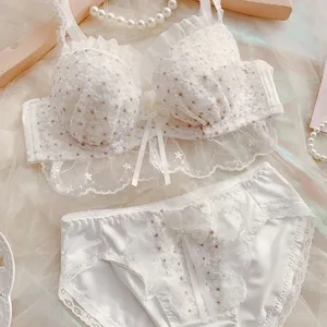 Set Bra dan Seluar Dalam Wanita Janpanese Renda Comel Berongga Renda Tunduk Seluar Dalam Bra Tolak Ke Atas dengan Cincin Keluli Empuk Pakaian Dalam Manis Tulen