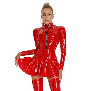 Γυναικείο Wet Look Latex Δερμάτινο Φόρεμα Bodycon Μίνι Φόρεμα με ζιβάγκο μπροστά με φερμουάρ Glossy Rave Dance Carnival Performance Στολή