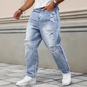 Light Blue ล้าง Ripped Frayed Denim กางเกงยีนส์ผู้ชายไม่ยืดตรงขาหลวม Baggy Distressed กางเกง Vintage Y2K Hip hop Da
