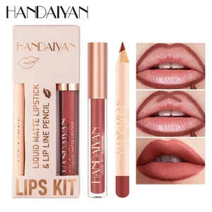 Conjunto de batom 2 em 1 feminino com delineador labial à prova d'água de longa duração maquiagem coreana acabamento fosco kit de cosméticos frete grátis