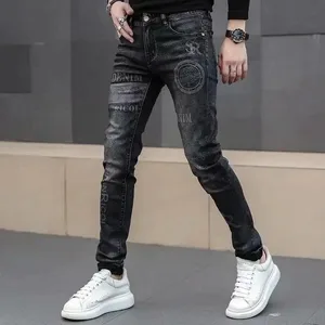 Jean en Denim extensible noir imprimé distinctif classique élégant haut de gamme pour hommes pantalon en Denim de luxe extensible de haute qualité