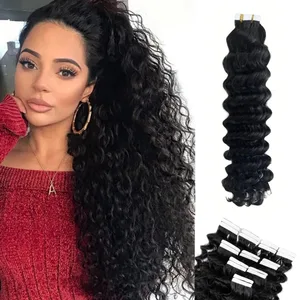Deep Wave Tape In Hair Extensions Natural Black 100％ Lidské vlasy 20ks/50g Curly Tape Ins Neviditelné bezešvé vyměnitelné lepidlo #1B