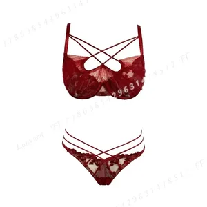 Summer Lace Embroidery Cross Tie Lingerie Set Sheer Mesh Push Up Bra Comfortable Daily Wear Underwear for Women Size 32-38