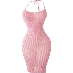 Mesh Beach Cover Up Dress Kvinnor ihålig Sheer Fishnet Bodycon Dress Sexig Musikfestival Rave Outfit Badkläder Coverups