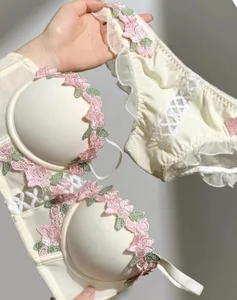 Set Lingerie Wanita Renda Jepang Manis Populer AS Bra Musim Panas Ringan Sejuk Cup Tipis Nirkabel Push-Up Seksi Keinginan Murni Ukuran 32 ‑ 38