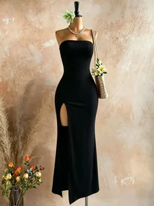 Kvinnor Axelbandslös Tube Top Midi Bodycon Klänning High Side Slit Solid Svart Ärmlös Slim Fit Evening Party Lång Klänning