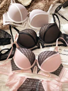 Sexy Hollow Underwear Set for Women 3/4 Cup Push Up Bra Lace Splicing Color Brassiere and Panties Ladies Intimates Lingerie