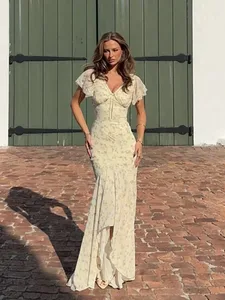 Robe Maxi en mousseline de soie pour femmes, imprimé Floral, romantique, décolleté en v profond, manches flottantes, haute et basse, garniture en dentelle, robe élégante pour dames, été 2026