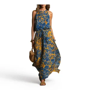 Damen-Maxikleid mit Neckholder, ärmellos, Leopardenmuster, Taille, Bindedetail, lockere Passform, langes Kleid, modisch, lässig, Damen, Alltagskleidung