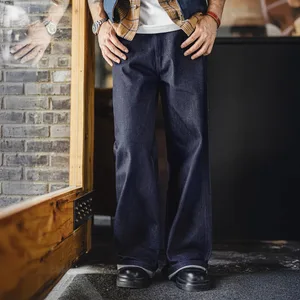Calça jeans masculina vintage Maden de 15,6 onças ourela crua com perna larga com zíper YKK e ajuste reto para outono e inverno