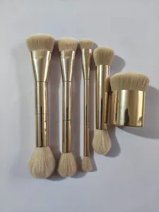 5-Piece Professional Makeup Tool Set for the Face Dual-Ended Multifunctional Makeup Brushes in Rose Gold Including a Dual-Ended Facial Makeup Brush Set Featuring Angled Tapered Foundation Brush Contour Brush Blush Brush Loose Powder Brush E