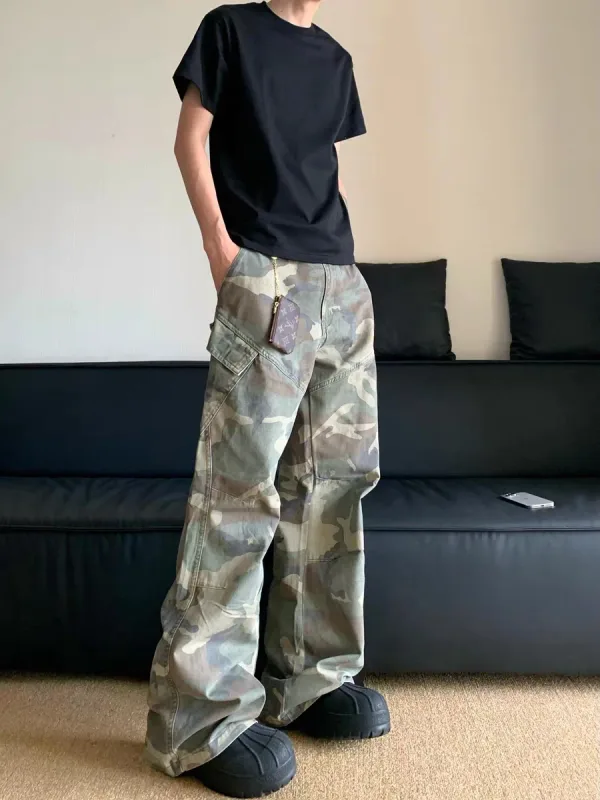 Herre Camouflage Cargo Bukser Slanke Lige Hiphop Jeans High Street Multi Pocket Micro Flare Bukser Streetwear