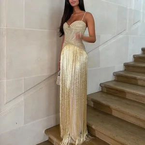 Sexy zavinovací hrudník šaty bez rukávů s dutým střapcem Módní Slim Fit večerní šaty bez záda Lesklé flitry s vysokým pasem Dámské dlouhé šaty