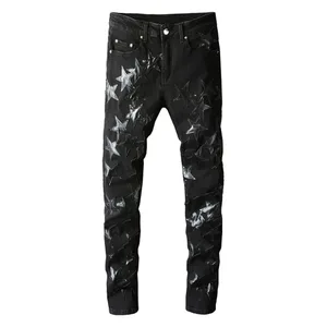 Panlalaking Leather Stars Patch Jeans Black Stretch Denim Pencil Pants Slim Skinny Patchwork Pantalon