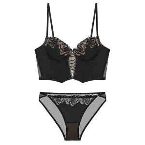 Femmes Sexy dentelle Push Up soutien-gorge ensemble fleur broderie Lingerie soutien-gorge Snd culotte ensemble dames élégantes sous-vêtements rembourrés