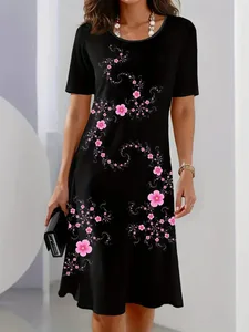 Vestido feminino elegante casual com estampa floral, preto com flores rosa, vestidos femininos de verão, manga curta, roupas femininas y2k