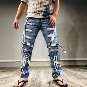 Black Webbing Cargo Jeans Herr Hip Hop Punk Goth Techwear Mode Herr Ripped Denim Byxor Nattklubb Stil Skinny Jean Man Byxa