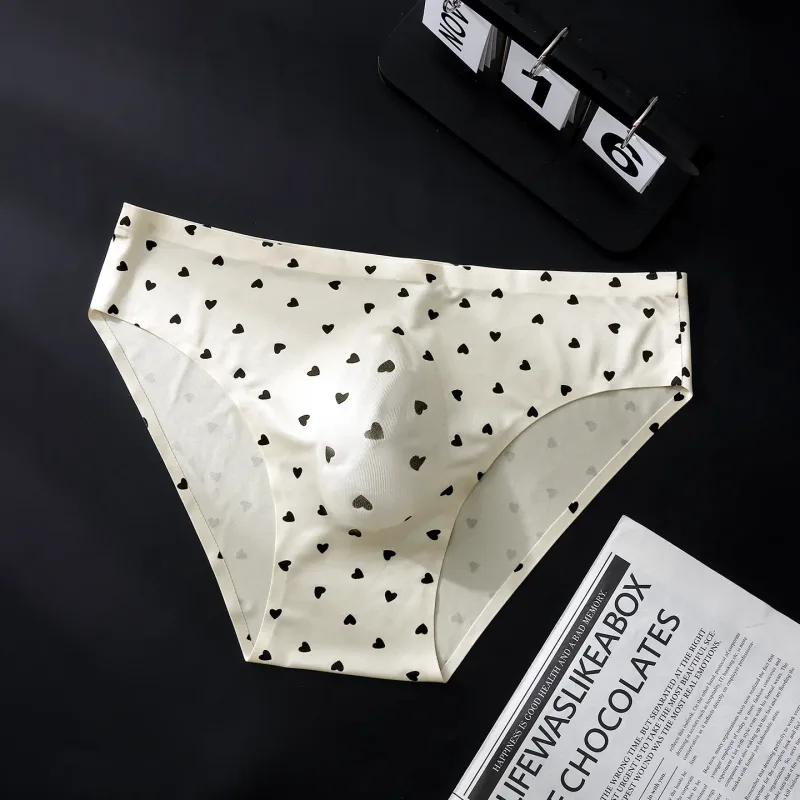 Slip en soie glacée sans couture pour homme, imprimé de nœud papillon en forme de cœur, pochette moulée en 3D, taille basse, doux et respirant