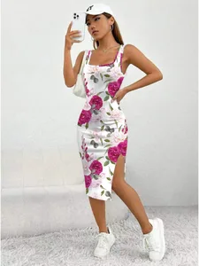 Women's Floral Print Sleeveless Dress Casual Elegant Comfortable Mid-Length Skirt with Thick Shoulder Strap Square Neck Slit