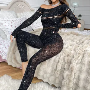 ผู้หญิงเซ็กซี่ตาข่าย Rhinestone Jumpsuit แขนยาวดูผ่านยืดถุงน่อง Jumpsuit Club PLUS ขนาดสต็อกชุดชั้นใน