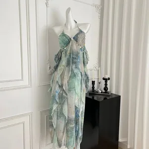 2025 優雅掛脖荷葉邊超長連身裙女式藍綠色花卉印花波西米亞設計海灘度假休閒派對連身裙新款