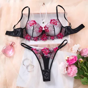 Elegant Black Floral Embroidered Lace Lingerie Set Women Push Up Bra Thong Satin Mesh Romantic Intimate Underwear ZA825146