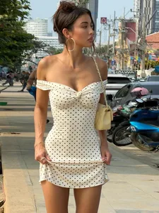 Whatiwear – robe tendance Sexy pour femmes, imprimé à pois, col Slash, froncé, Patchwork, sans manches, mode été, fête de rue, Mini moulante