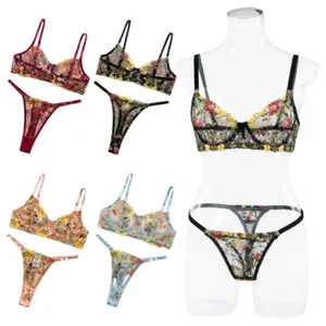 Комплект нижньої білизни з квітковим орнаментом із 2 предметів, прозора універсальна нижня білизна, нижня білизна, вишивка, на кісточках, бюстгальтер пуш-ап, комплект трусиків для дівчини