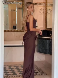Redős Sling MAXI ruha Női Négyszögletes Nyakú ujjatlan Vállon kívüli Derékszorító Karcsú ROBE Divatos estélyi ruhák