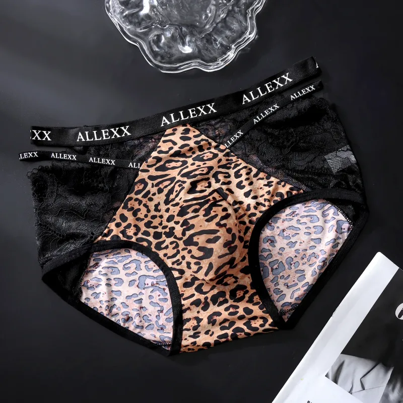 Male Glossy Satin Triangle Briefs Floral Lace Mesh Splice High Waist Elastic Letter Band Soft Breathable Men Underwear