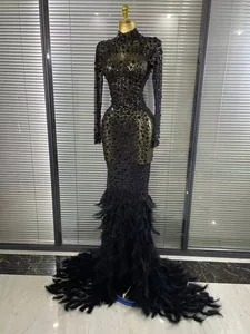 Black Red Women Long Sleeve Sexy Sparkly Crystal Mesh See Through Feathers Floor-length Mermaid Dress Panggabing Party Prom Outfit
