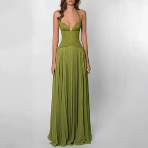 Green Fishbone Corset Halter Maxi Dress Women Backless Off Shoulder Pleated Patchwork Slim Dresses Lady Christmas Party Gown Bago
