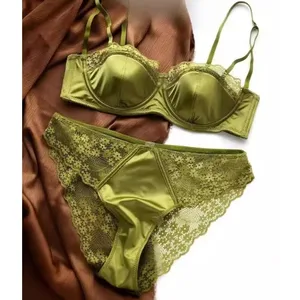 European Satin Half Cup Push Up BH Set Bügel Dünn Glatt Grün Spitze Komfortabel Sexy Dessous Für Damen 32-38 Hot Selling YEMOMO