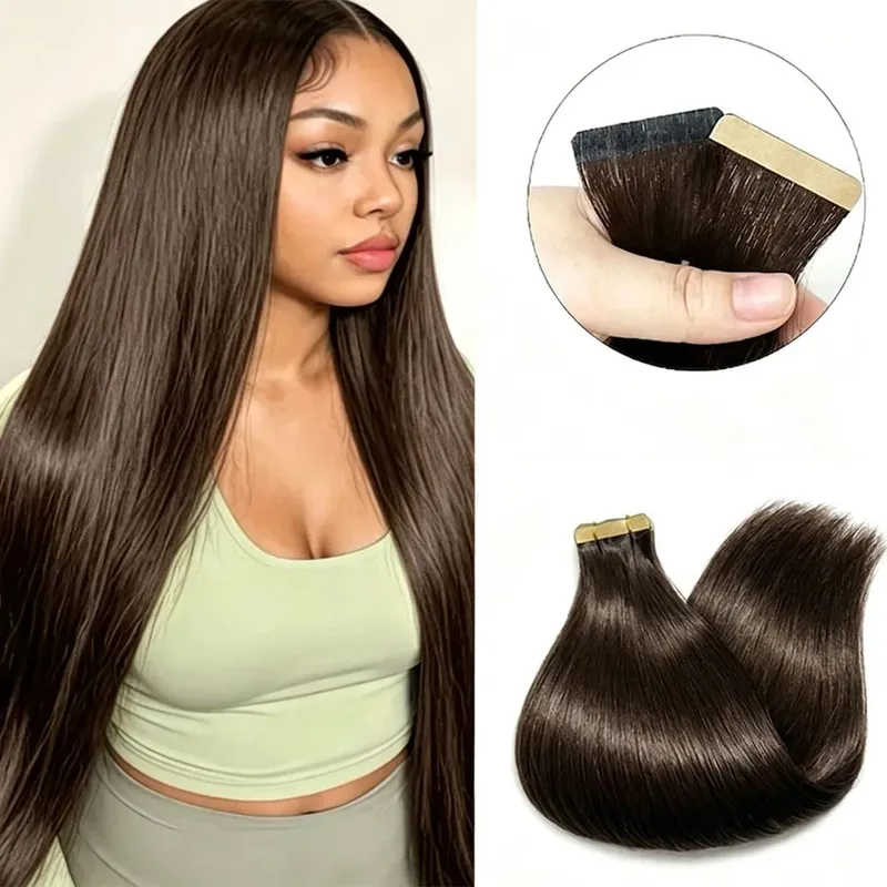 PU SKin Invisible Seamless Real Human Hair Tape in Hair Extensions Brazilian Dark Brown 16-24 Inch Remy Straight Hair 100% Human Hair For Women