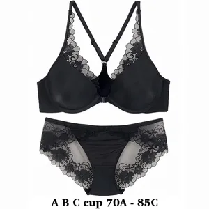 high quality sexy women bras and brief two piece set front closed push up lace A B C cup wire summer lingerie underwear black