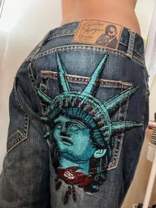 Jeans Berlian Dewi Liberty Antik Amerika Jeans Kaki Lebar Potongan Lurus Pinggang Tinggi Celana Panjang Pakaian Jalanan Kasual Y2K