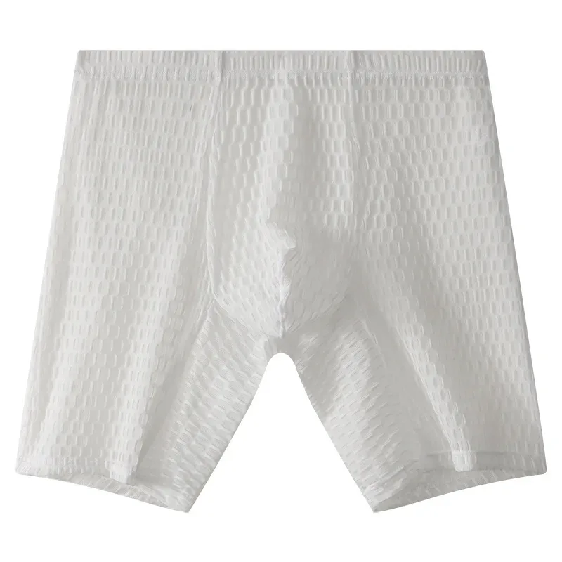 Men's Waffle Texture Boxy Underwear Extended Boxer Briefs Mid Rise Sheer Mesh Flirtatious Casual Athletic Sports Trunks Knickers