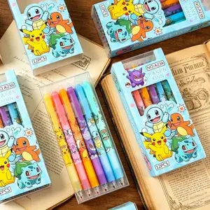 Véletlenszerű 6/12/24db Pokemon 0,5 mm-es kék tintával, letörölhető semleges tollak Aranyos diák iskolai kellékek Rajzfilm írószer dörzsölt toll