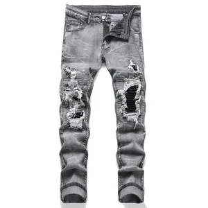Erkek Sıkı Denim Kot Sokak Yırtılma Patchwork Delikler Yırtık Denim Elastik Bel Rahat Pantolon Slim fit Düz Pantolon