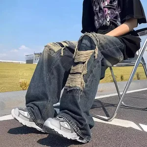 Mörk vintage tvätt för män Baggy jeans med vida ben i flera lager slitna slitna detaljer Hip Hop Street Style Casual Daily Street Outing Lösa jeansbyxor