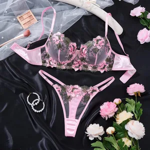 Elegant Pink Floral Embroidered Lace Lingerie Set Women Push Up Bra Thong Mesh Satin Romantic Intimate Underwear ZA825146