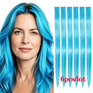 Extensiones de cabello con Clip cian brillante sintético, 6 uds., color liso, resalta las rayas del cabello, fibra sintética resistente al calor