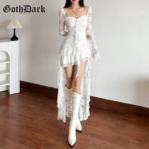 Goth Sötét Fairycore csipke flare ujjú négyzet nyakú A-vonalú ruha édes E-girl szabálytalan hosszú szegésű ruhák Cyber ​​Y2K Party Vestido