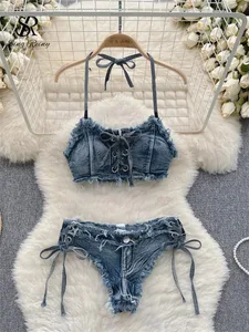 Retro női bikini farmer öltönyök nyári kötőfék Camis+ mini nadrág fehérnemű divat nyaralás fürdőruhák szexi melltartó és rövidnadrág szettek