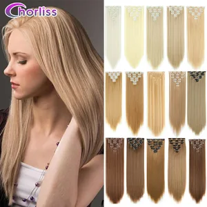 Lange lige syntetiske klips i hårforlængelser 7 stk/sæt 22" falske hårstykker Ombre sort brun blonde klips på hårforlængelser