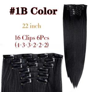 Leeons 16 clipes longos e retos sintéticos clipe em extensões de cabelo cheveux clipe naturel fibra de alta temperatura preto marrom peruca