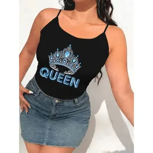 Női spagettipántos Cami tankfelső, kék kristálykorona királynő betűs grafikai nyomtatás, ujjatlan camisole nyári hétköznapi alap felsők